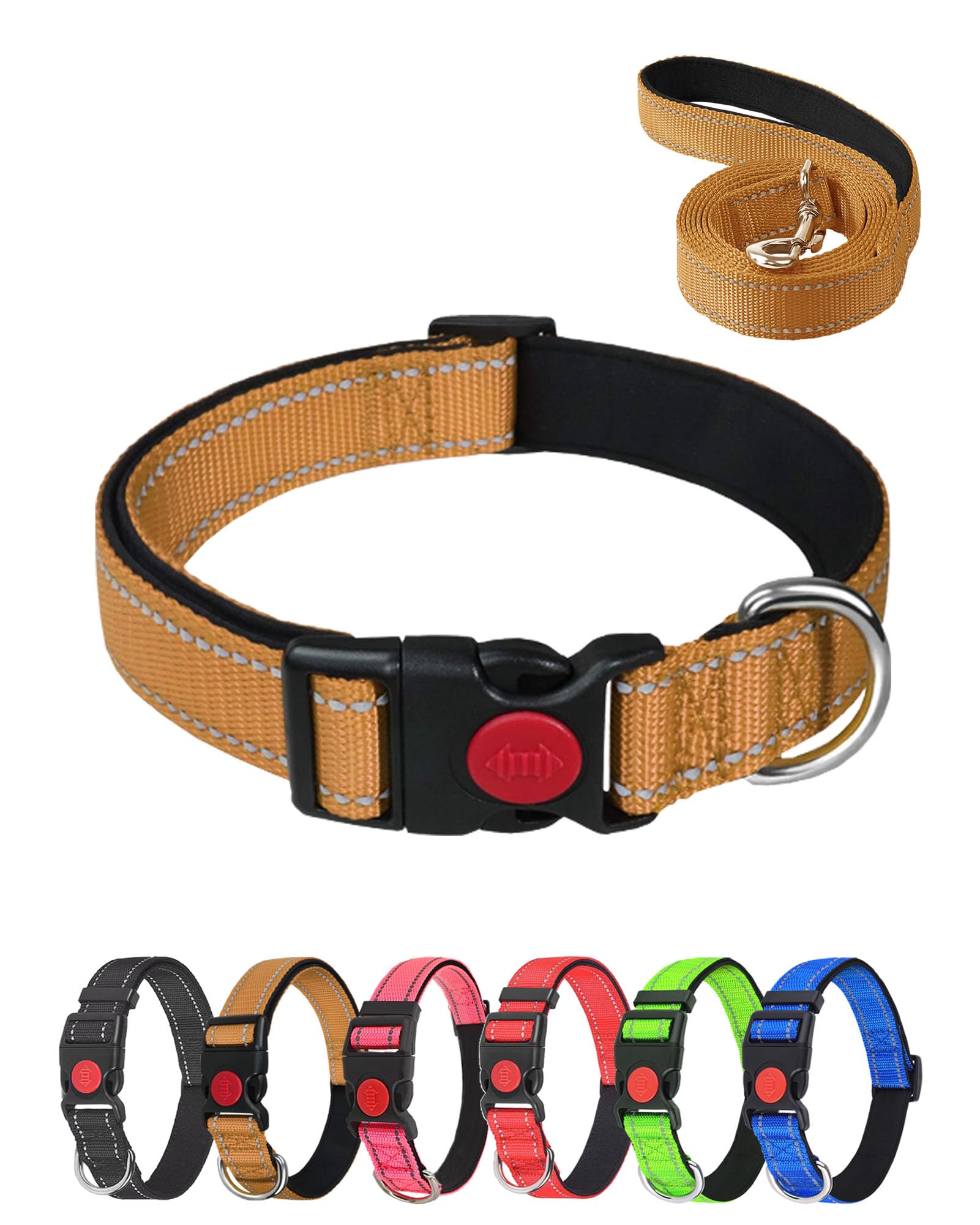 Aeclleca Reflective Dog Collar and Leash Set with Safety Locking Buckle，Adjustable Soft Nylon Pet Collars for Small Medium Dogs (Khaki, S)