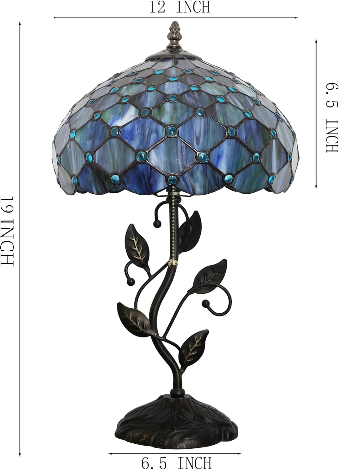 Tiffany Lamp Stained Glass Style Table Lamp Blue Beads Style Bedside Desk Reading Light W12H19 Inch Metal Leaf Base with Metal Leaf Base