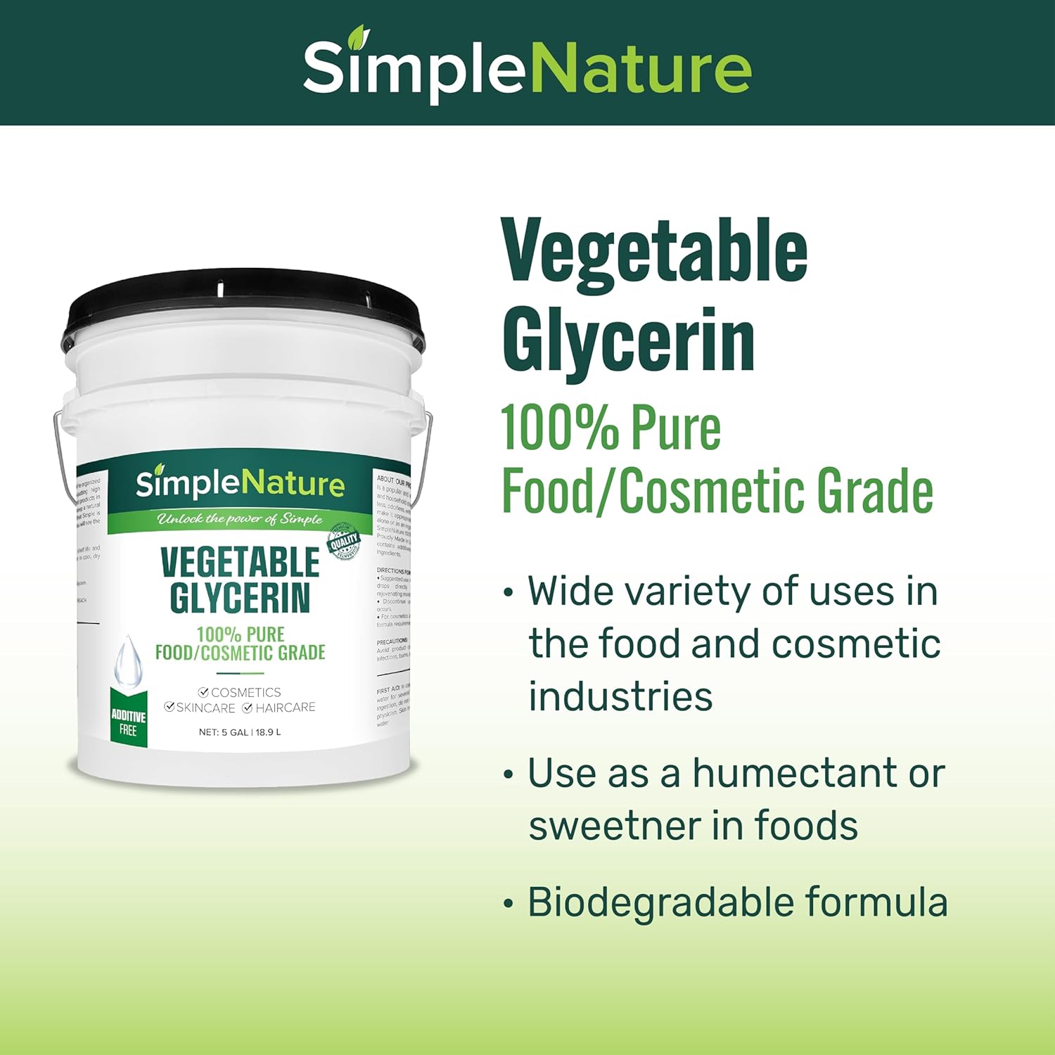 100% Pure Vegetable Glycerin - 5 Gallon with Easy-Pour Spout - Natural Pure Food/Cosmetic Grade for Skincare, Haircare, Cosmetics, Soapmaking, Crafts - Softening & Moisturizing Humectant