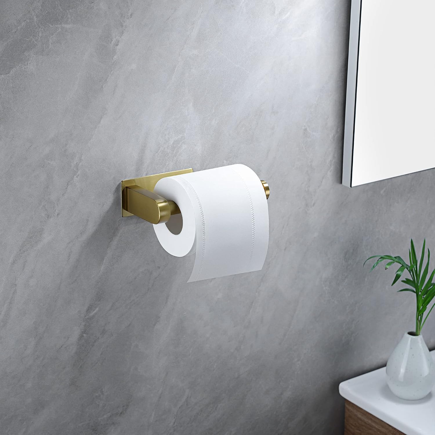 YIGII Adhesive Toilet Paper Holder - Self Adhesive Toilet Paper Roll Holder Wall Mount for Bathroom, Premium Thicken Brushed Brass Stainless Steel, Rustproof