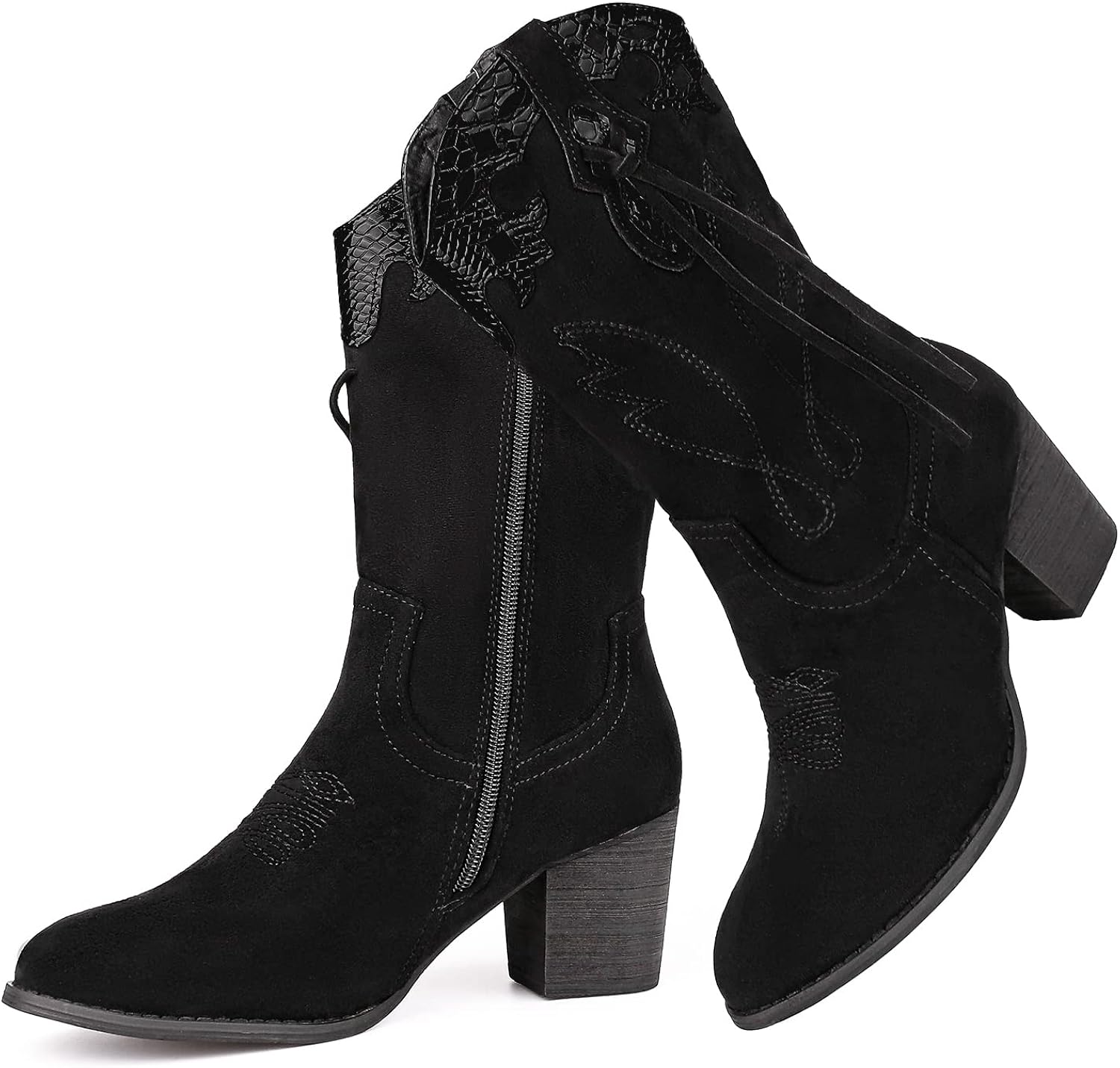 SHIBEVER Botas vaqueras vaqueras para mujer botas occidentales negras para mujer, tacón alto, gamuza, cremallera, media pantorrilla, talla