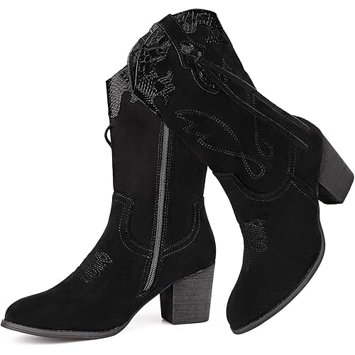 SHIBEVER Women Western Cowboy Cowgirl Boots Embroidered Round Toe Cowboy Boot for Women