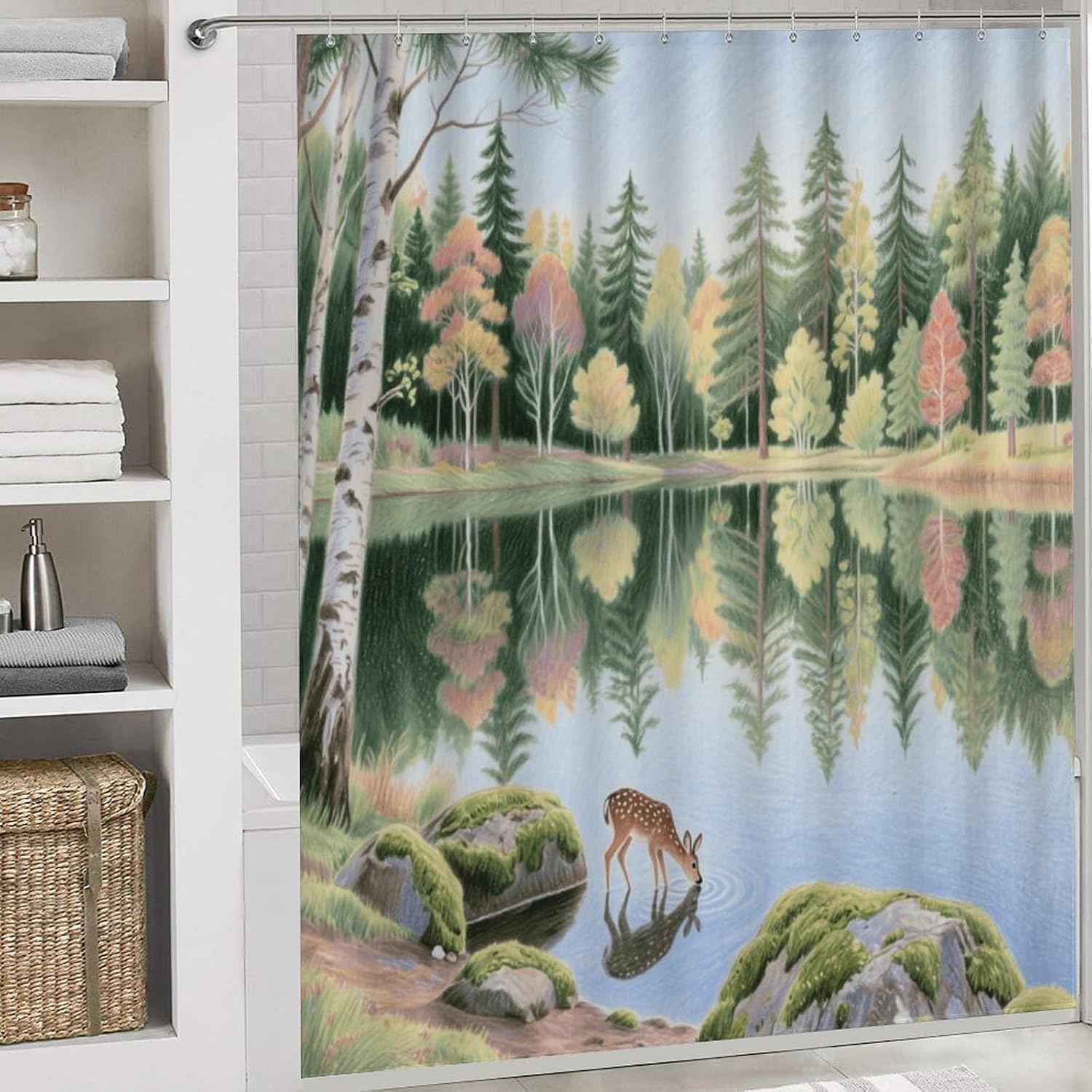 Forest Lake Bath Rug Set 4 Piece,Bathroom Accessories Set-Toilet Rugs U Shaped,Toilet Lid Cover,Shower Curtain and Rugs,Ultra Soft, Absorbent,Home Decor