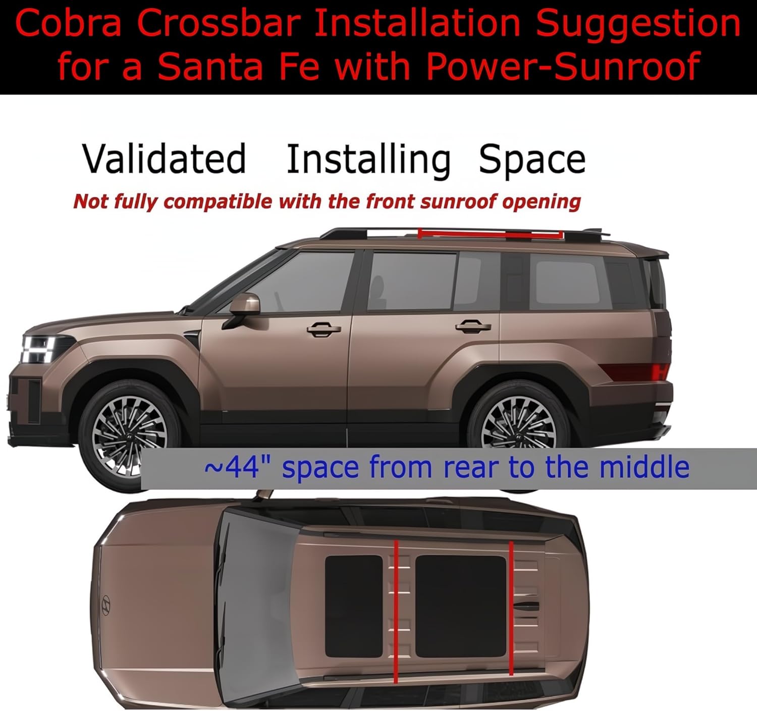 Roof Rack Crossbars Fit for 2024 to 2026 Hyundai Santa Fe Raised Side Rail - W/o Power Sunroof Only- 220LBs Load -Anti-Theft Lock - Easy Install - Wind Noise Resistance- Low Profile - Black Cobra