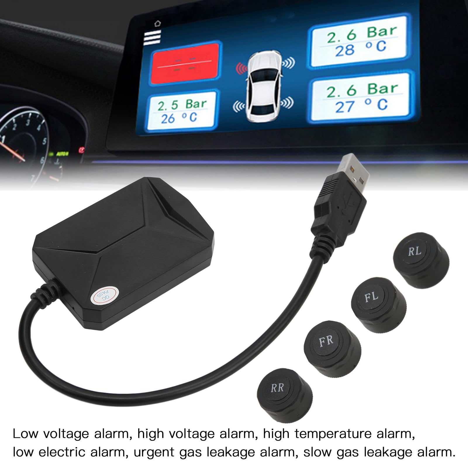 Uniwersalny System TPMS z 4 Czujnikami i Interfejsem USB, System Monitorowania Ciśnienia w Oponach Samochodowych do Gacji, Rts i Wykrywania
