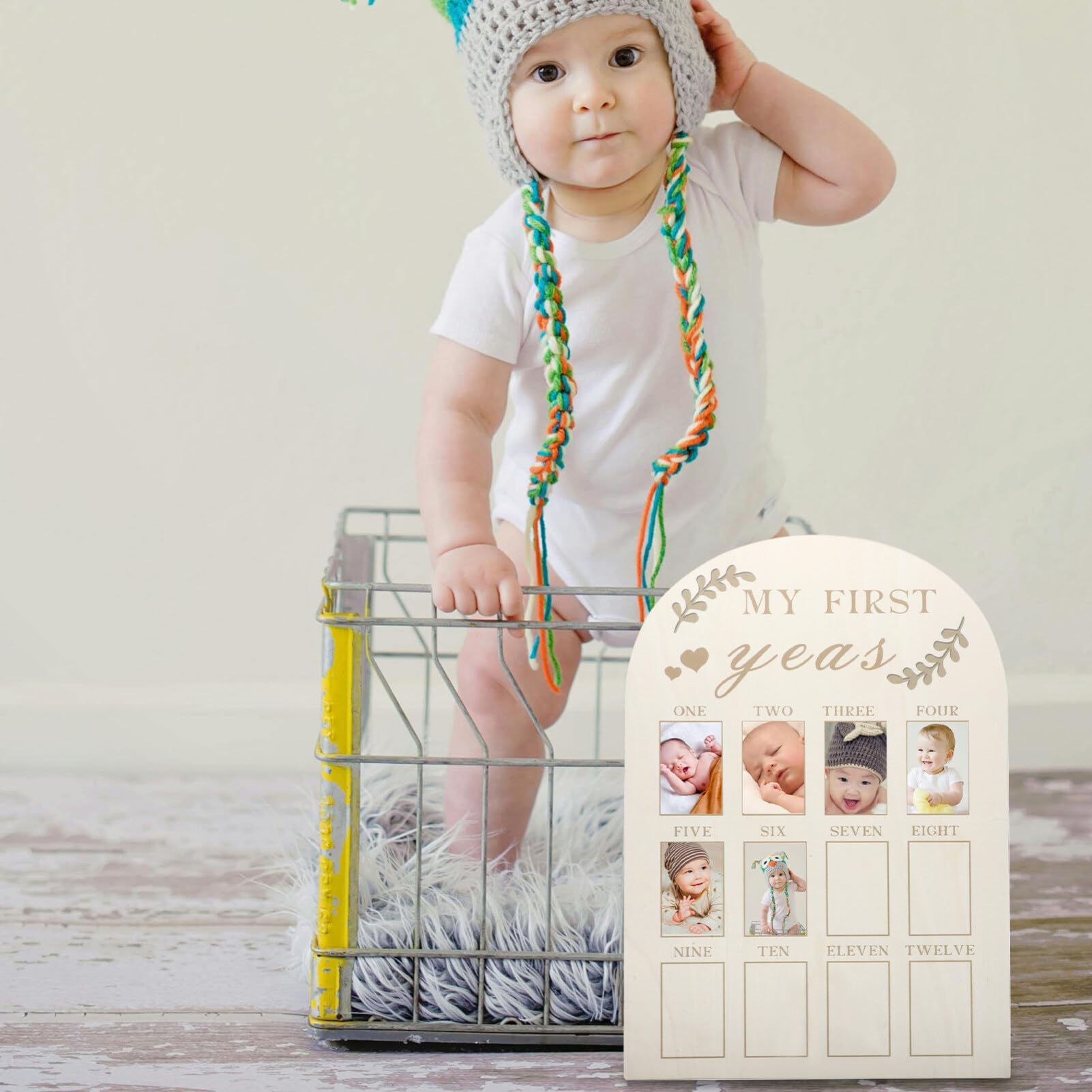 VOSAREA Baby First Year Photo Board Milestone Wooden Photo Frame for 12 Months Newborn