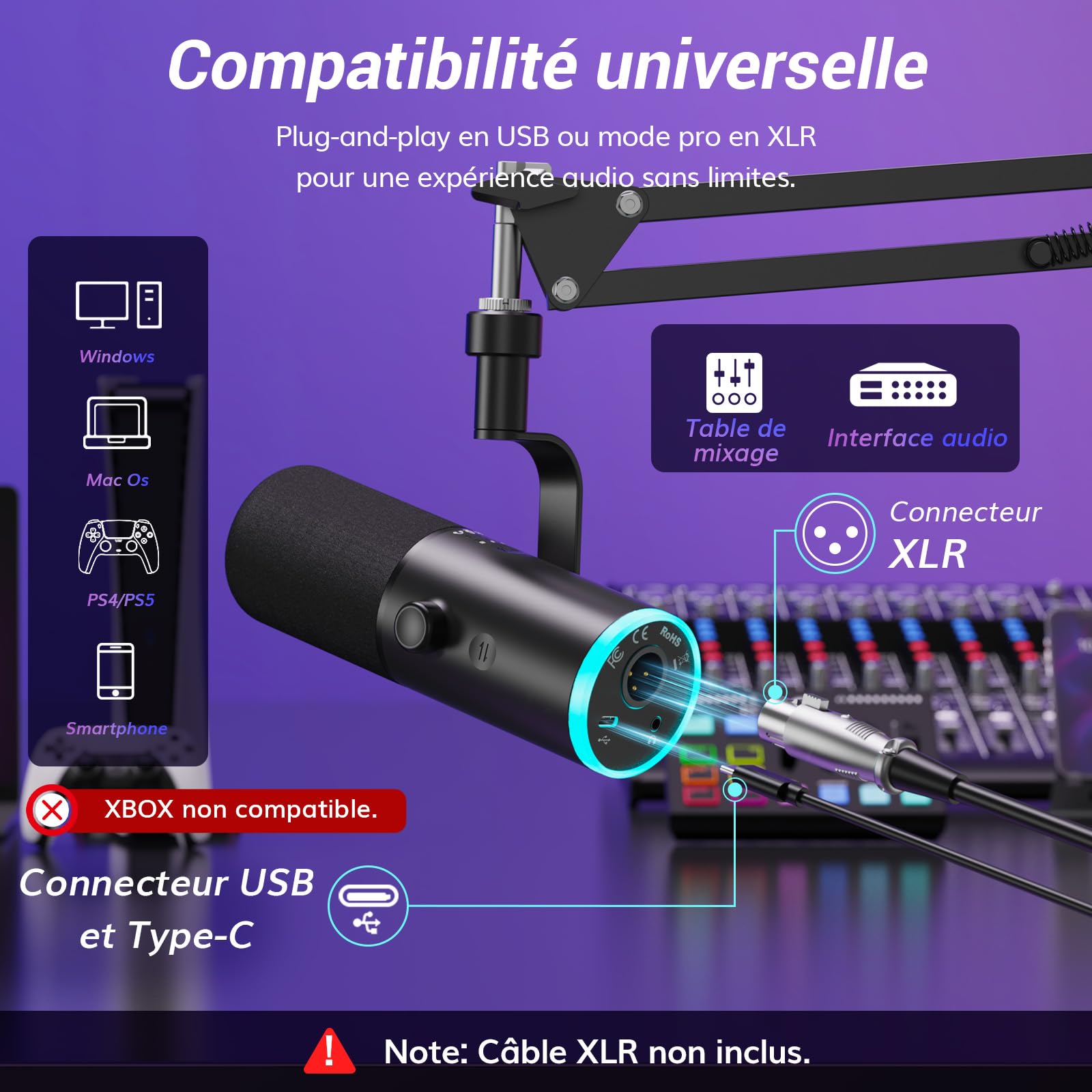TONOR Micro Gaming Dynamique pour PC, Microphone Cardioïde Streaming XLR/USB avec Bras pour Podcasting/Studio, Annulation de Bruit IA, RGB Contrôlable, Prise Casque 3,5 mm, Noir, TD510 AIR H+