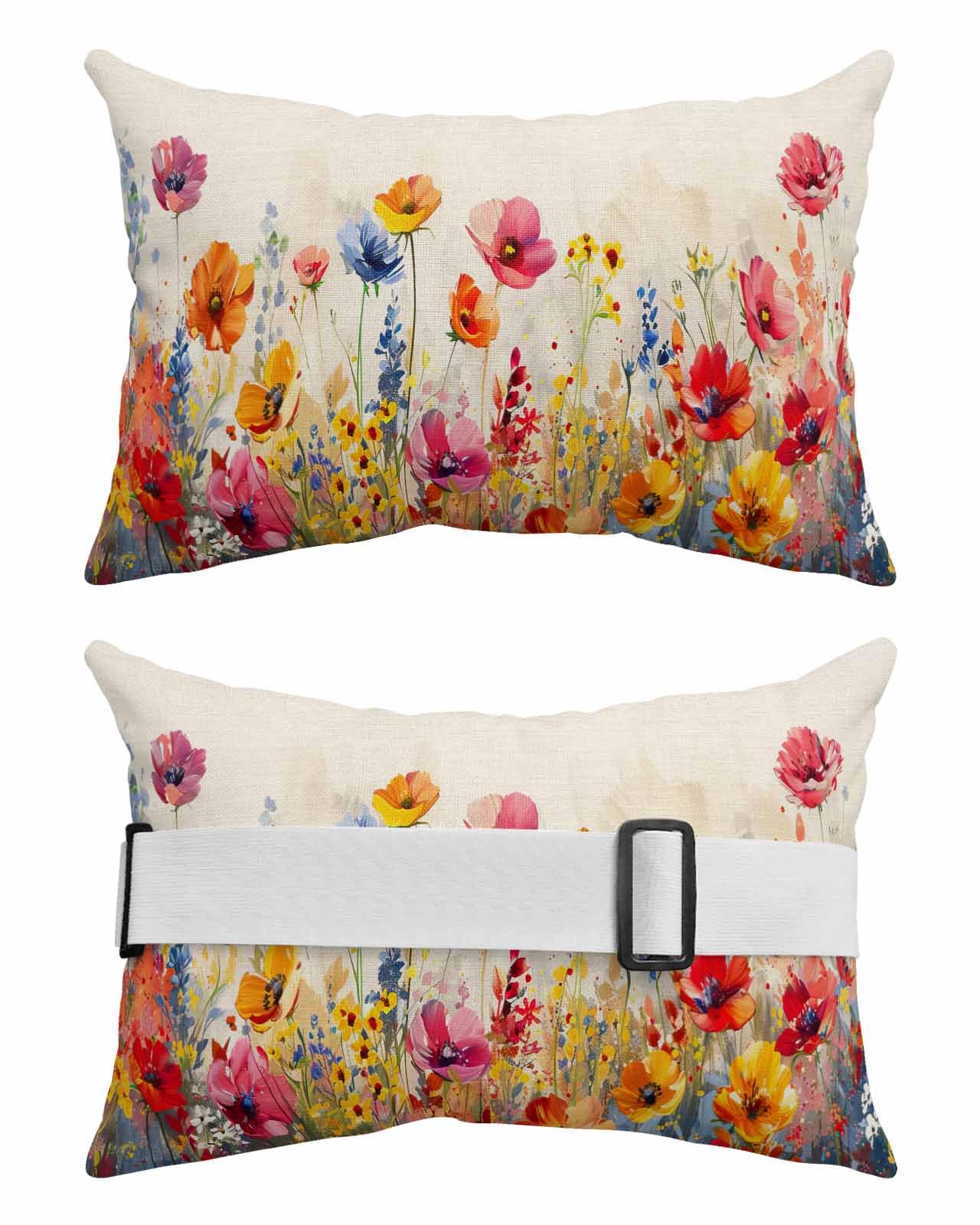 Outdoor Pillows Covers with Inserts Red Pink and Yellow Poppy Oil Painting Floral Retro Linen Waterproof Pillow with Adjustable Strap Throw Pillows for Patio Furniture Lounge Chair, 11x16 Inch, 1PCS
