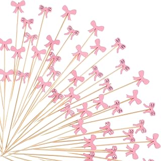 100 Pcs Pink Bow Cocktail Picks, 4.72 Inch Bow Toothpicks Cocktail Pick for Appetizers, Fruit Cake Dessert Sandwiches Bamboo Toothpick for Birthday Bridal Wedding Baby Shower Bachelorette Party Decor