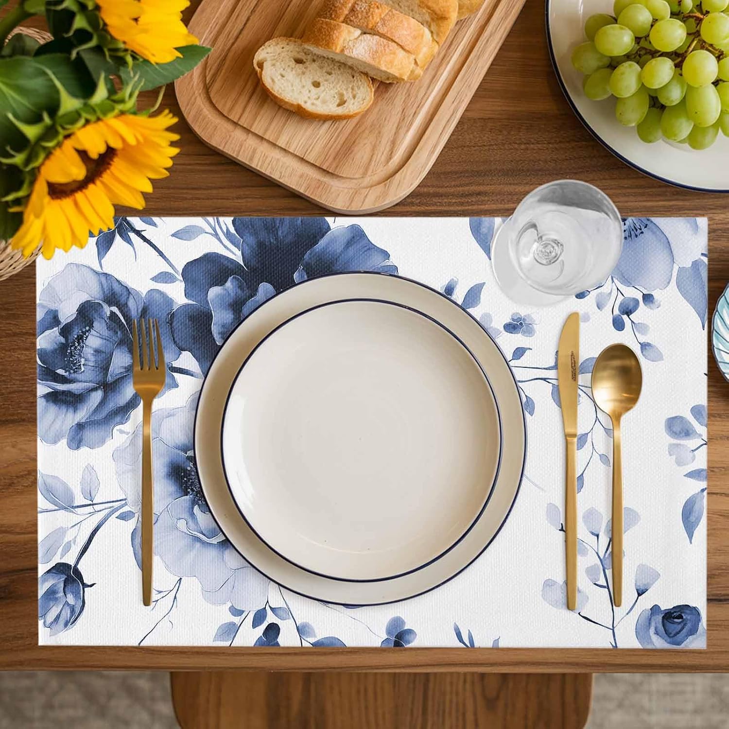 Blue Flower Placemats Set of 6,Washable Woven Burlap Cloth Fabric Placemat for Square/Rectangle/Round/Oval Dining Table,Easy Clean Place Mats for Toddlers,Kids Botanical Watercolor Floral Leaves Plant