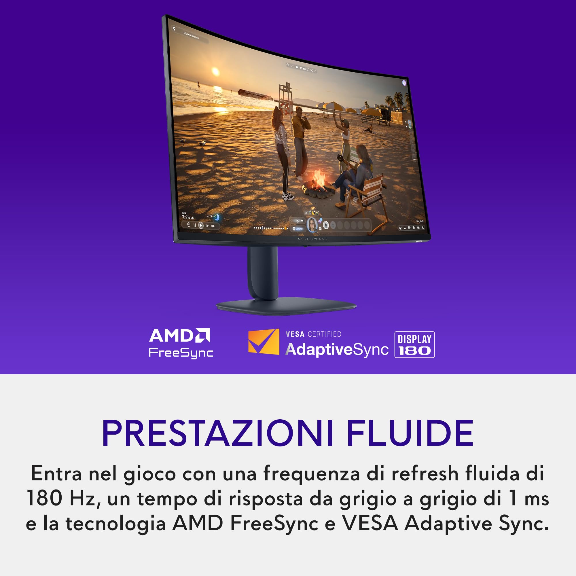 Alienware 32 Monitor Gaming - AW3225DM, QHD (2560x1440), 1500R Curvo, 180Hz, VA, 1ms, AMD FreeSync, VESA AdaptiveSync, 95% DCI-P3, HDR400, DisplayPort, 2 HDMI, 3 USB, 3 Anni di Garanzia