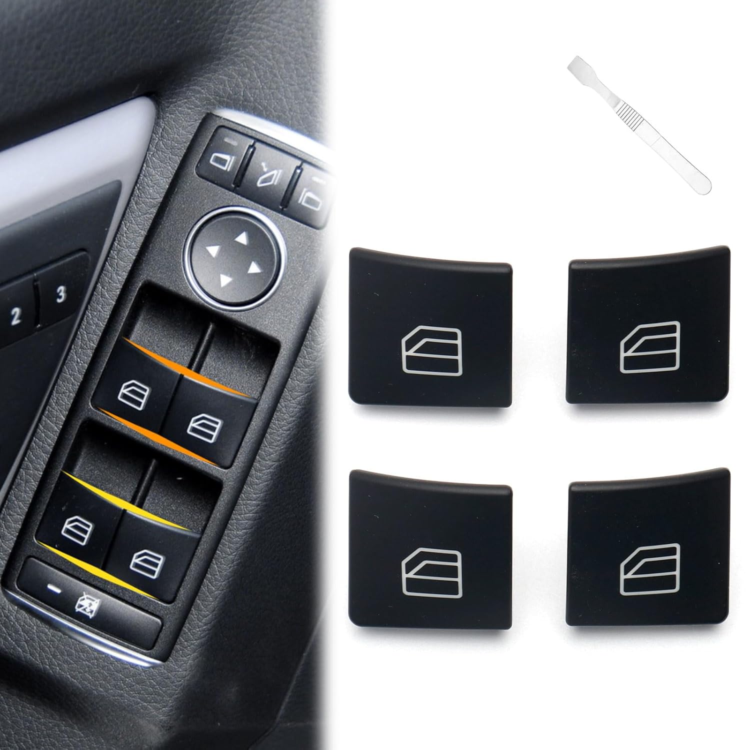 4Pcs Power window switch button cover for Mercedes-Benz C E GLK ML/GL-Class W204 W212 C180 C200 C250 E200 E350 lift button Cap Replacement Repair Cover for Auto Glass Left/Right Control Switch