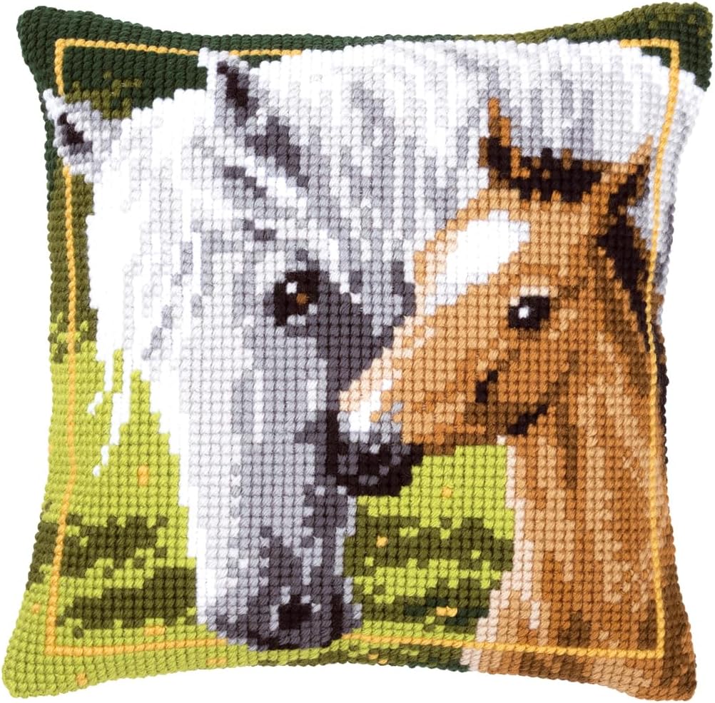 Vervaco Cross Stitch Embroidery Kits Pillow Front for Self-Embroidery with Embroidery Pattern on 100% Cotton and Embroidery Thread, 15,75 x 15,75 Inches - 40 x 40 cm, White Horse