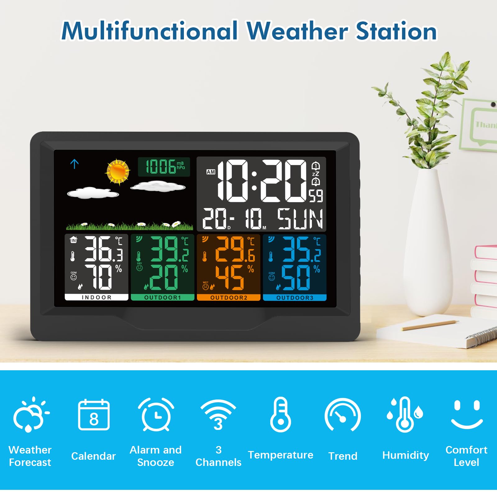 Stacja Meteorologiczna z 3 czujnikami, zewnętrzna stacja pogodowa, higrometr cyfrowy termometr, kolorowy wyświetlacz LCD, monitor temperatury i wilgotności dla domu i biura