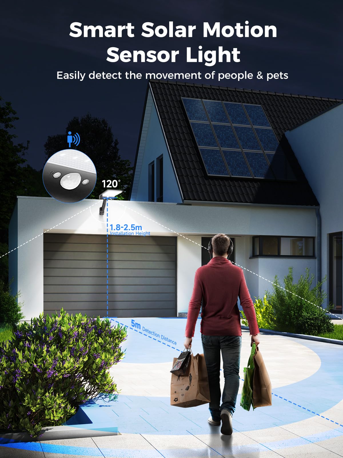 Moman Lampe Solaire Extérieur, Lumiere Solaire Exterieur Detecteur de Mouvement 56LED/2200mAh Applique Solaire 3 Modes IP65 Étanche avec Télécommande (Noir), Lampe-Solaire-Exterieur-Eclairage-Lumiere