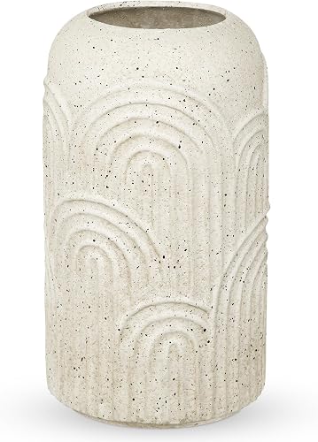 10 inch Large Ceramic Vase, Beige Boho Embossed Flower Vase with Texture, Farmhouse Pottery Vase for Home Decor Mantle Fireplace Living Room Table Centerpiece Pampas Grass