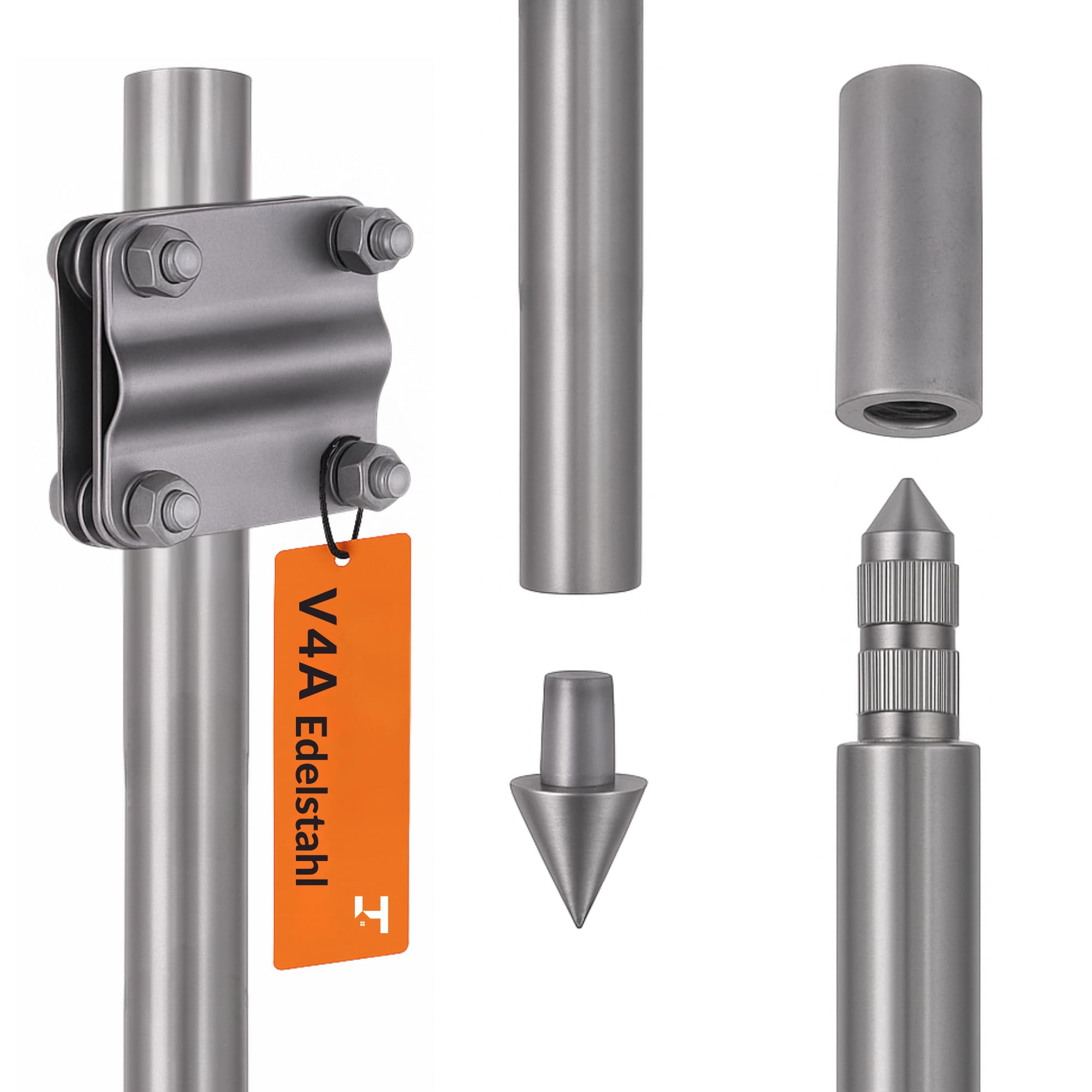 HausHeld® Tiefenerder V4A Set 1,5 m – Erdungsspieß Ø20 mm aus Edelstahl + Einschlagspitze + Kreuzerder-Klemme + Schutzadapter MECH – Erdungsstab Blitzschutz Erdungssystem PV-Anlage
