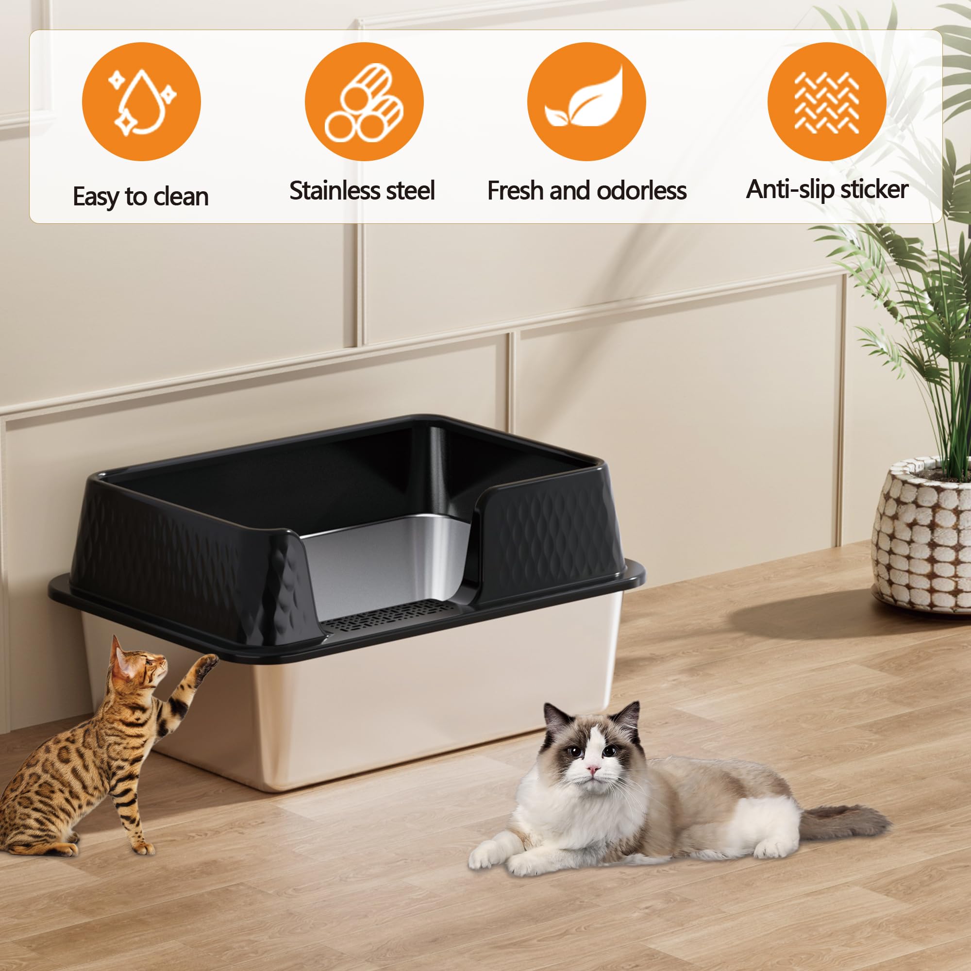 Vealind Lettiera per gatti in acciaio inox con apertura superiore, in metallo resistente e durevole, con bordi alti