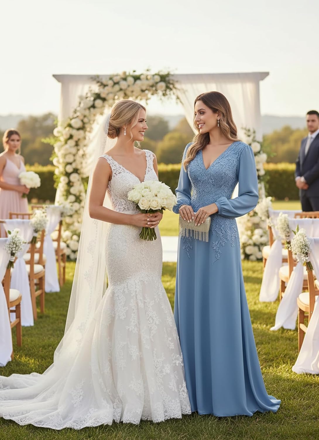 Appliques Chiffon Mother of The Bride Dresses Long Sleeves V-Neck Wedding Guest Dress - Image 4