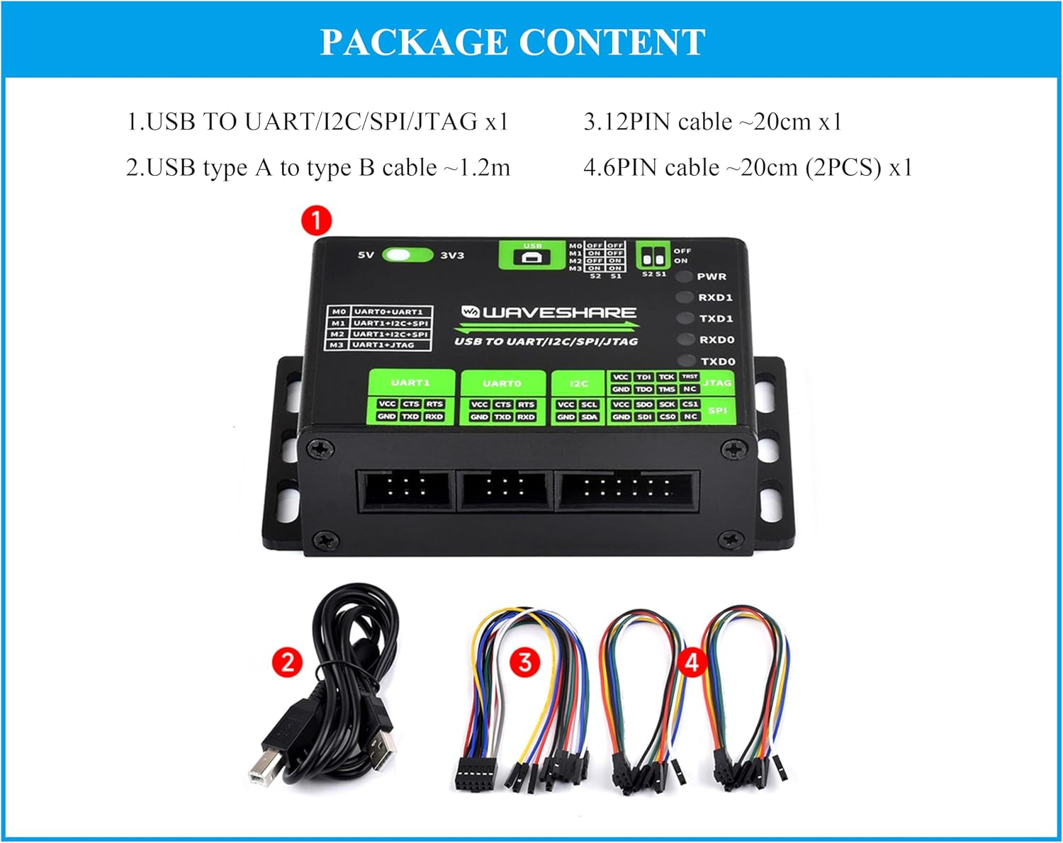 USB to UART/I2C/SPI/JTAG Converter, Supports Multiple Interfaces, Compatible with 3.3V and 5V, Supports Win7/8/8.1/10/11, Linux (Compatible with Raspberry Pi), etc.