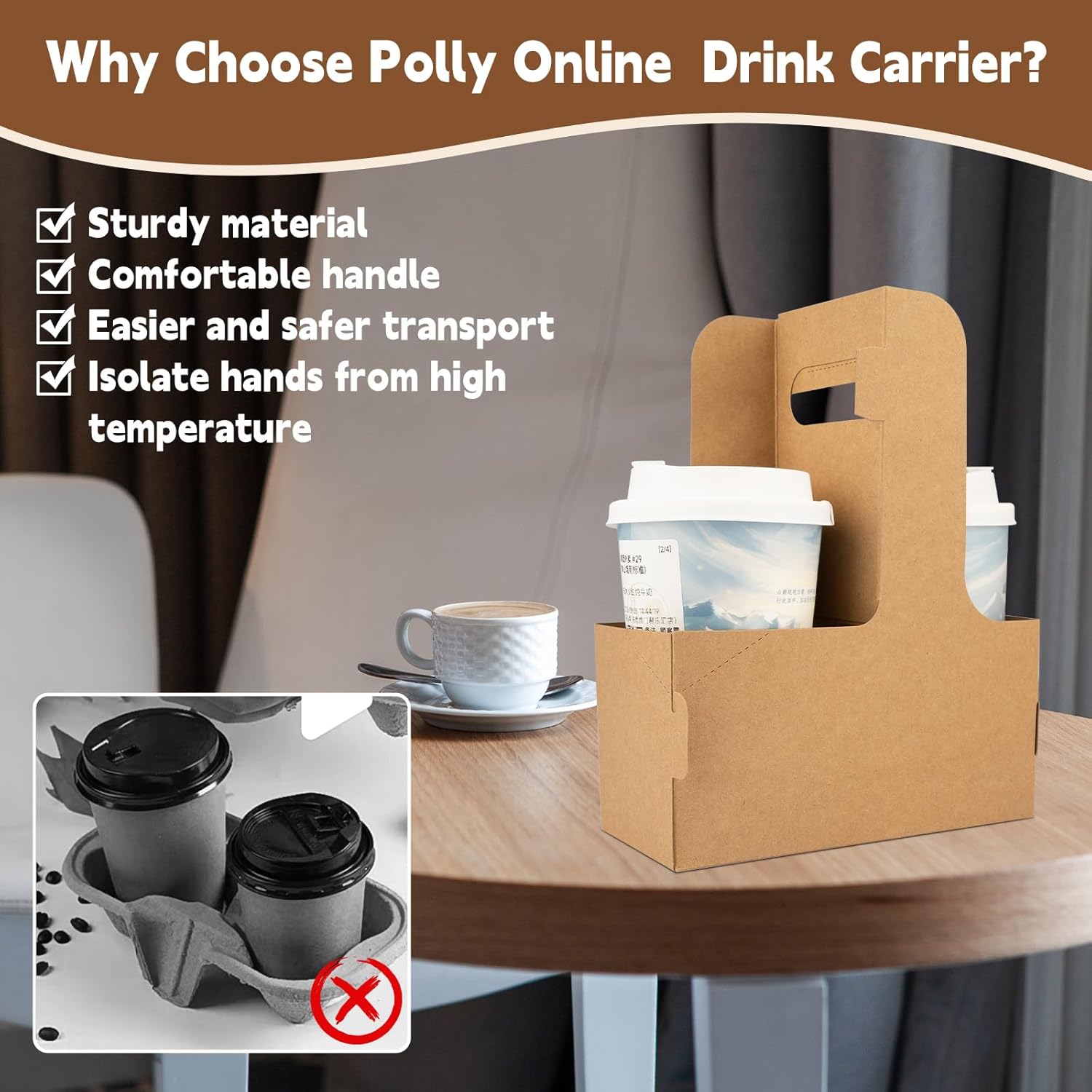 2 Cup Drink Carrier with Handle,Pack of 20 Kraft Paperboard Take Out Cup Carriers,Portable Foldable Cup Carrier for Hot or Cold Drinks,Coffee Carrier, Food Delivery (Brown)