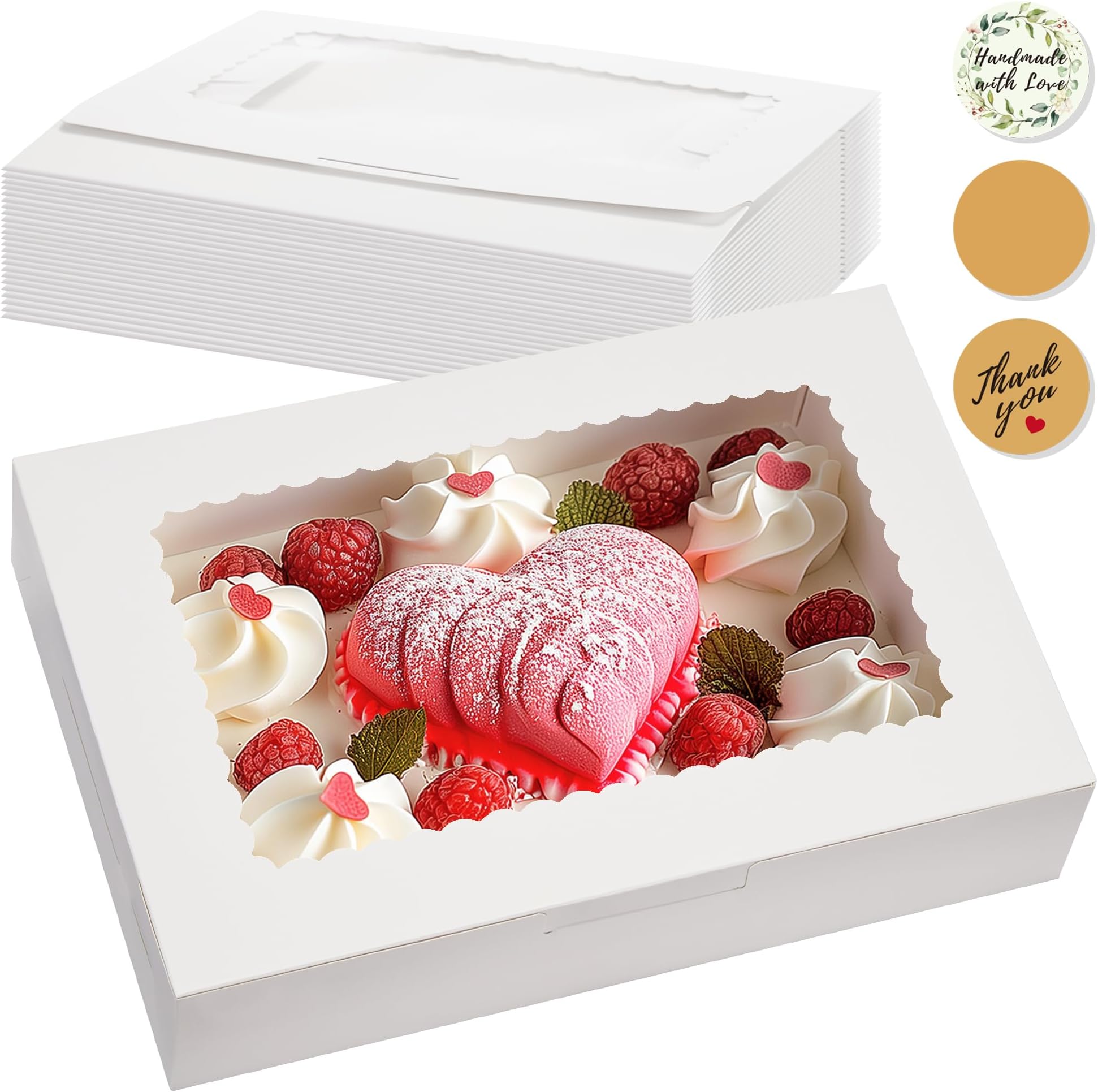 Kootek24 Pack Bakery Boxes, 12'' x 8'' x 2.5'' Cookie Boxes with Window, Pastry Dessert Treat Box with 72pcs Stickers for Pies, Cookies, Muffins, Donuts