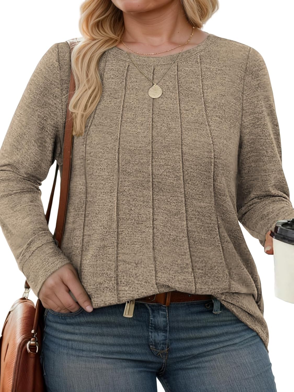 VISLILY Womens-Plus-Size-Tops Dressy Long Sleeve Shirts Casual Crewneck Tunics Tees Trendy Pleated Comfy Blouses XL-5XL