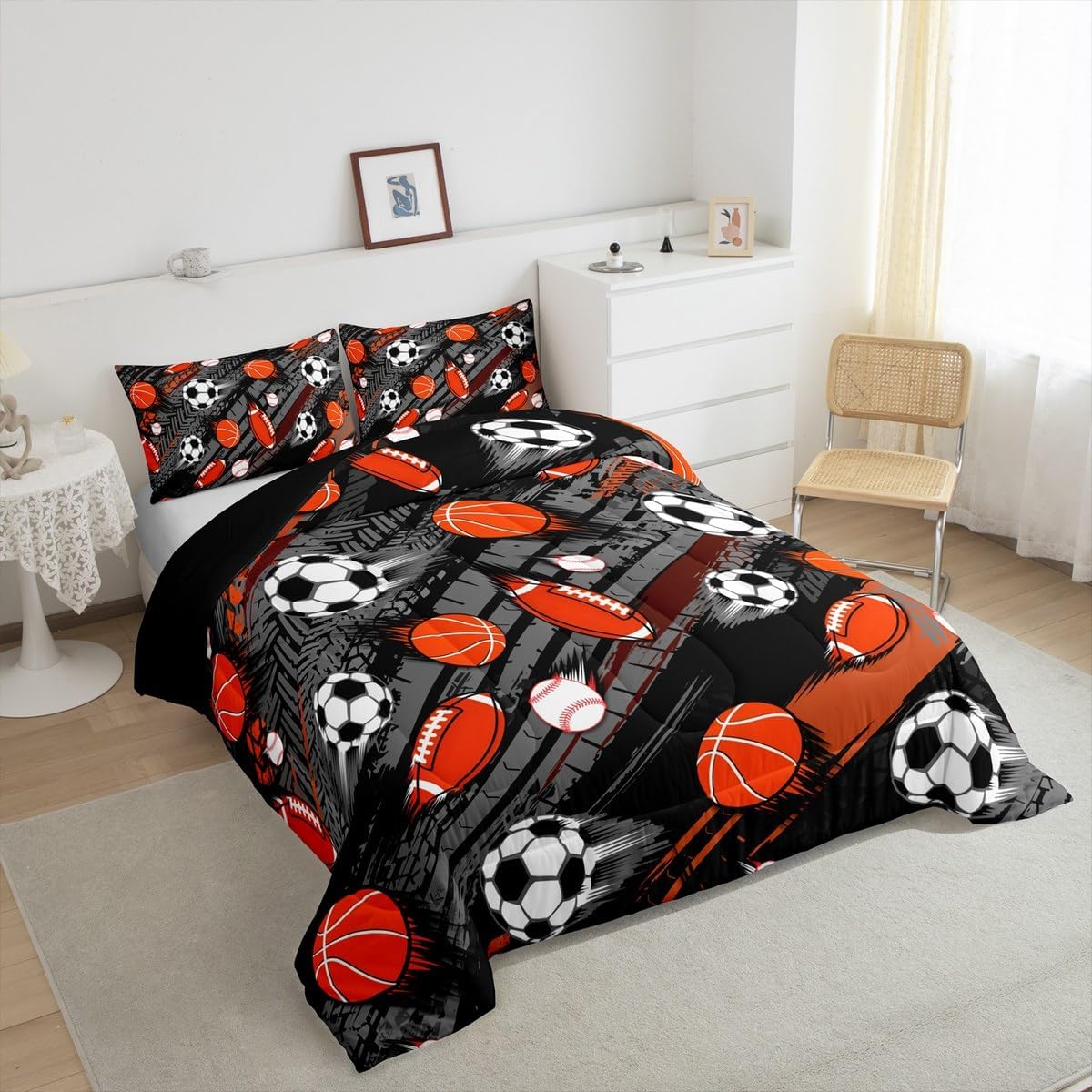 Homewish Sports Theme King Size Comforter Set,Kids Soccer Football Decor All Season Bedding Set,Teens Baseball Basketball Comforter,Sports Gaming Decor Quilt Set Bedroom Collection 3Pcs