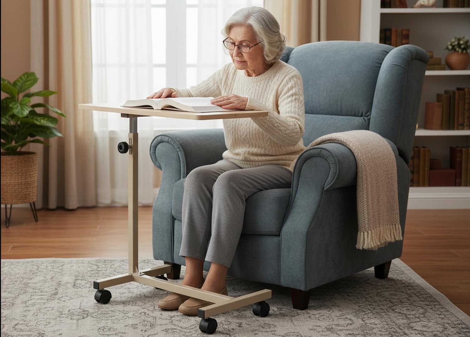 Ausilium Tavolino Servipranzo Regolabile in Altezza per Letto e Divano - Tavolo Ortopedico in Legno con Ruote Piroettanti e Struttura in Acciaio - Ideale per Anziani e Disabili
