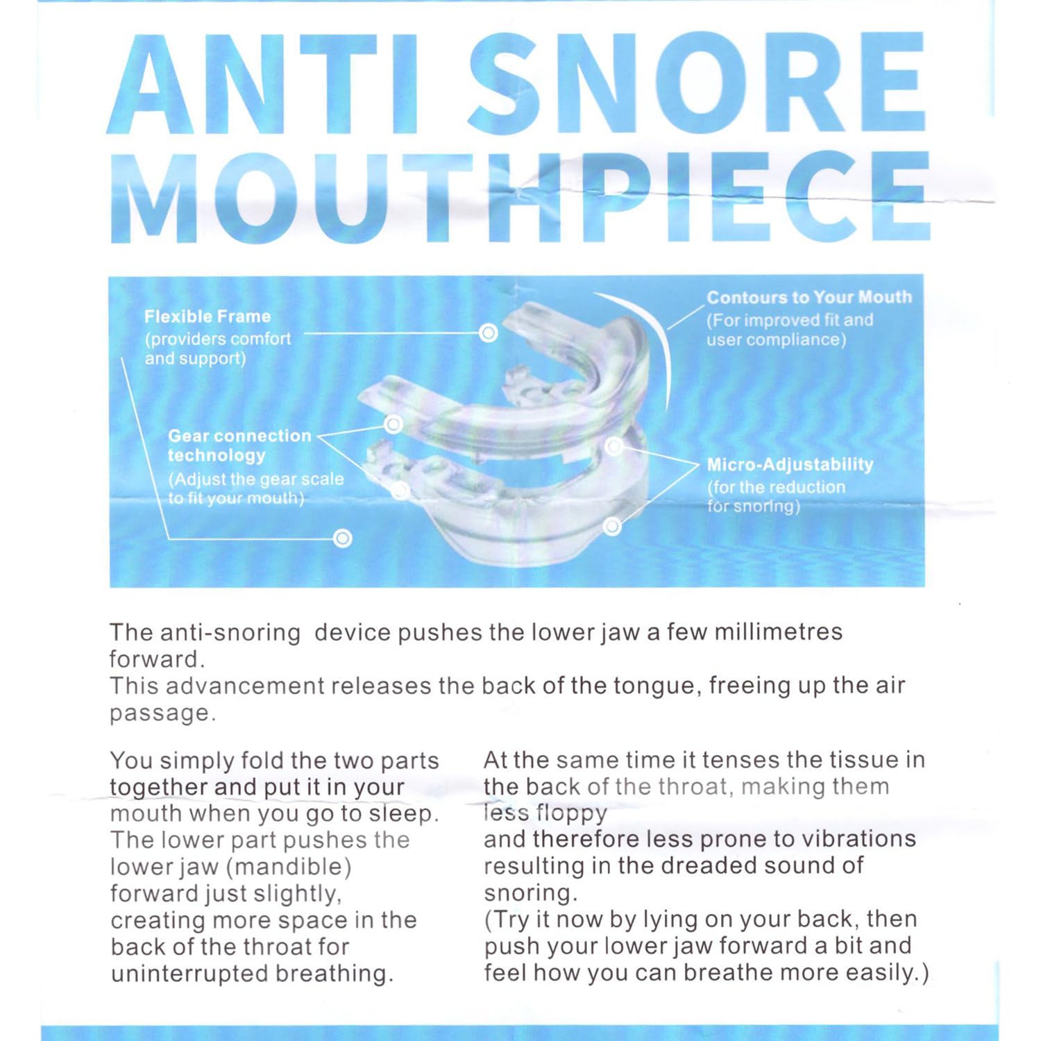 Sleepzee Anti Snoring Mouthpiece materials and usage illustration