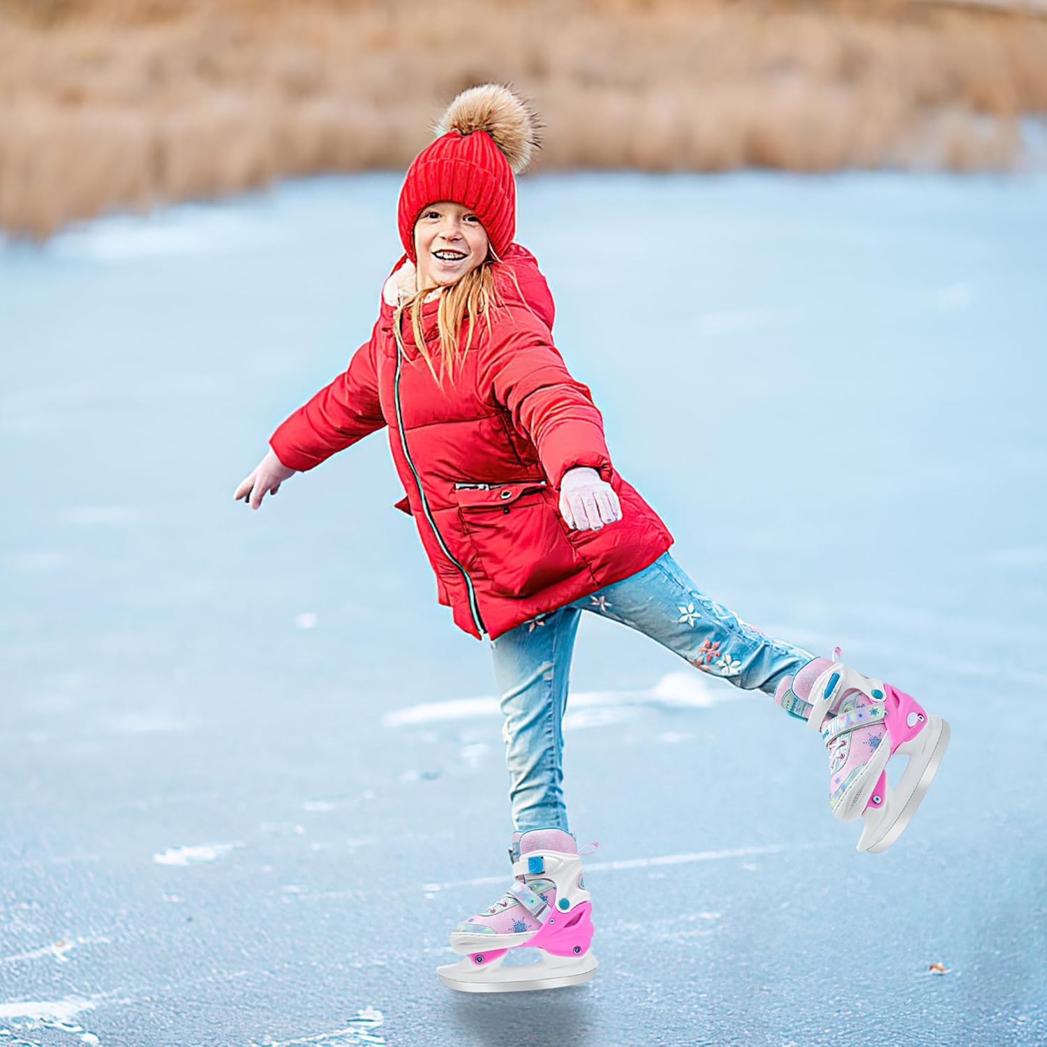 Adjustable Ice Skates for Kids, Girls Ice Skating Shoes for Beginner Ages 4-12, Boys Snowflake Iceskates for Outdoor and Rank