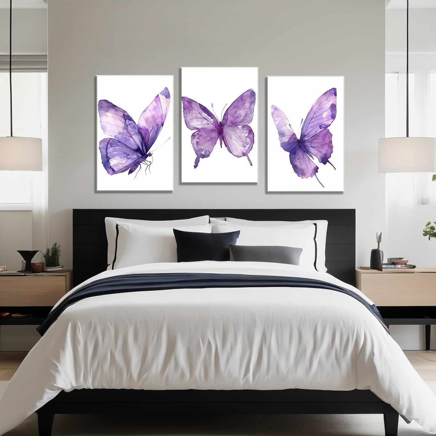 Butterfly Canvas Wall Art 3 Piece Purple Butterfly Picture White Posters Animal Painting Minimalism Prints for Living Room Bathroom Home Decor Framed(Art-3,11.00"x14.00"x3P)