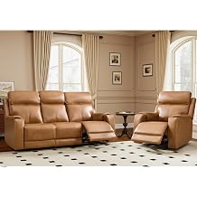 HAOMARKETS 2-Piece Top Grain Leather Power Reclining Sofa Set, Include Dual Motor Electric Recliner Chair with Adjustable Headrest and 3-Seater Couches for Living Room, Brown