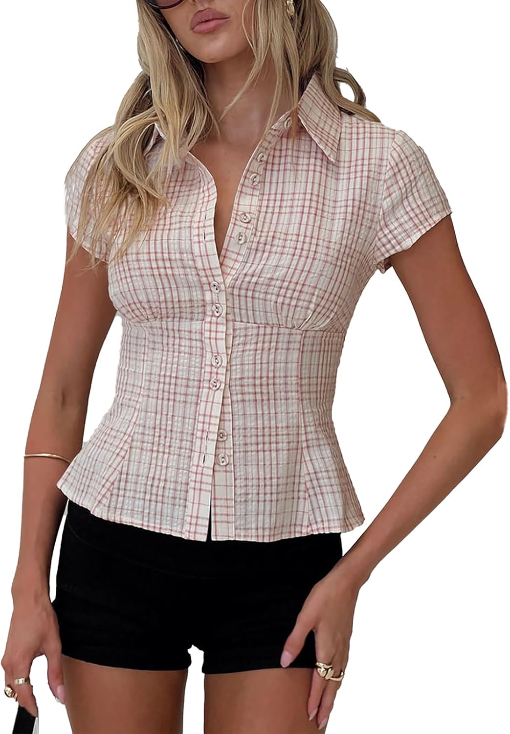 Womens Button Down Shirts Short Cap Sleeve V Neck Collared Plaid Waisted Blouses Summer Casual Tops - Image 2