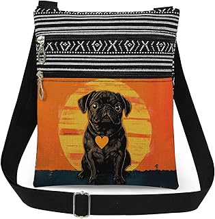 Cute Black Pug Dog with Heart Print Small Crossbody Bag Lightweight Adjustable Strap Messenger Bag Travel Purse for Adult Dog Lovers Casual Unique Birthday Present for Pet Owners