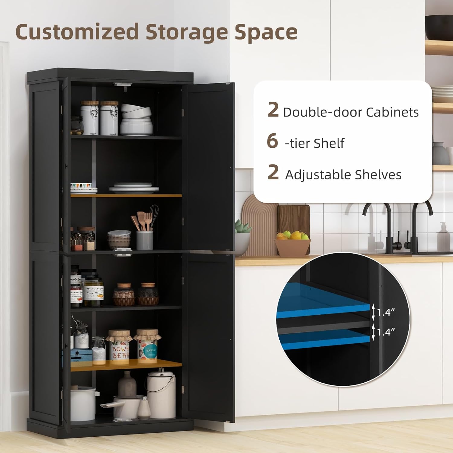 LOKO 4 Door Kitchen Pantry Cabinet, Freestanding Storage Cabinet with Adjustable Shelve, 72.5” Tall Buffet Cabinet for Dining Room, Living Room, Laundry, Home Office (Black)