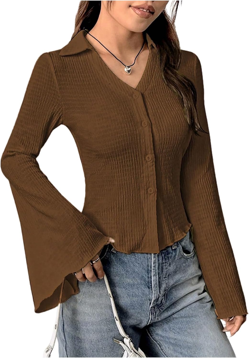 MakeMeChic Women's Button Down Blouse Collared V Neck Bell Sleeve Shirt Tops