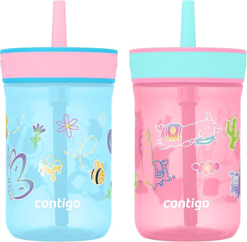 Leighton Kids Water Bottle, 2-Pack, 14oz, Spill-Proof, Blue Raspberry/Azalea & Butterlies/Llamas, Dishwasher Safe Tumbler with Straw