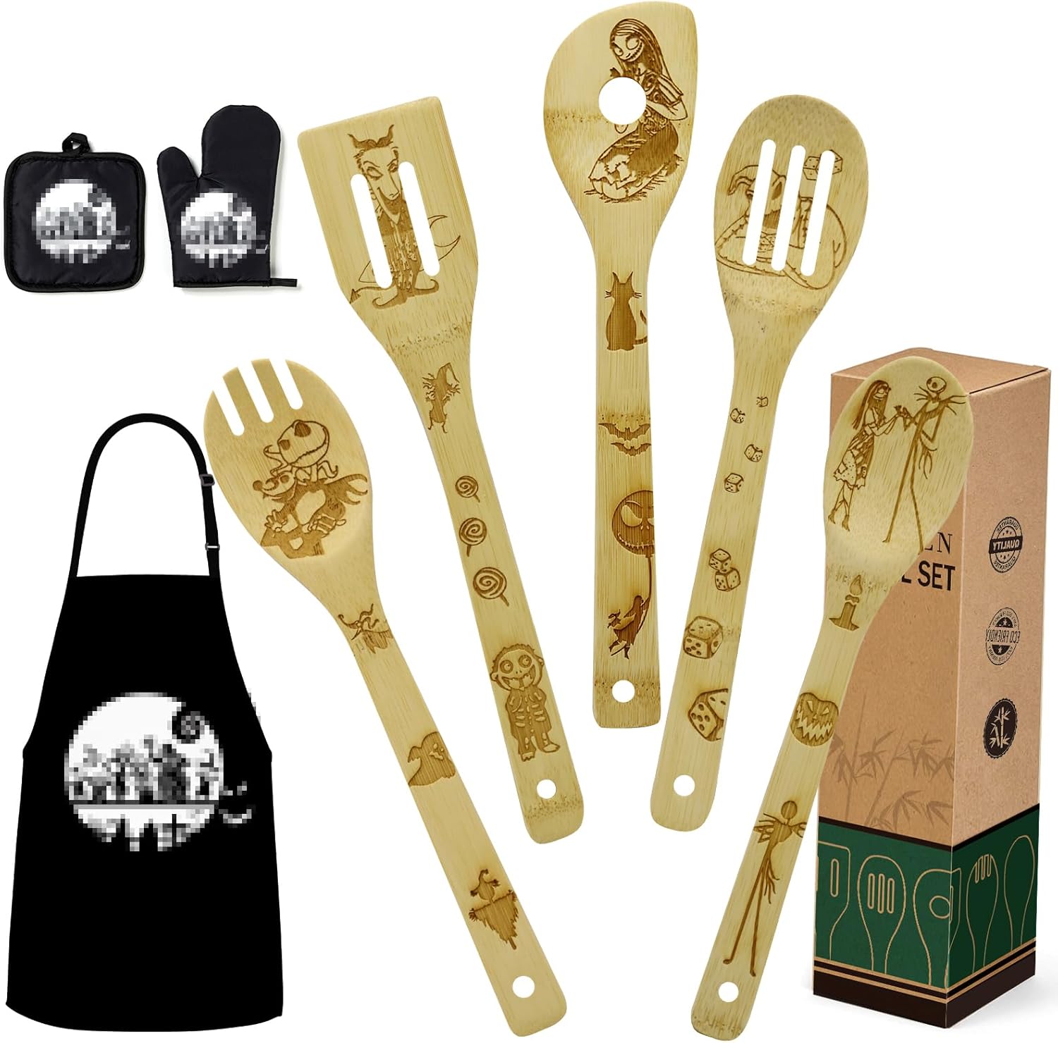 Christmas Gift for Mom Women Nightmare Halloween Kitchen Decorations Cooking Utensils Set - Wooden Cooking Spoons with Apron Oven Mitt Potholder, Women Mother's Day Birthday Gift