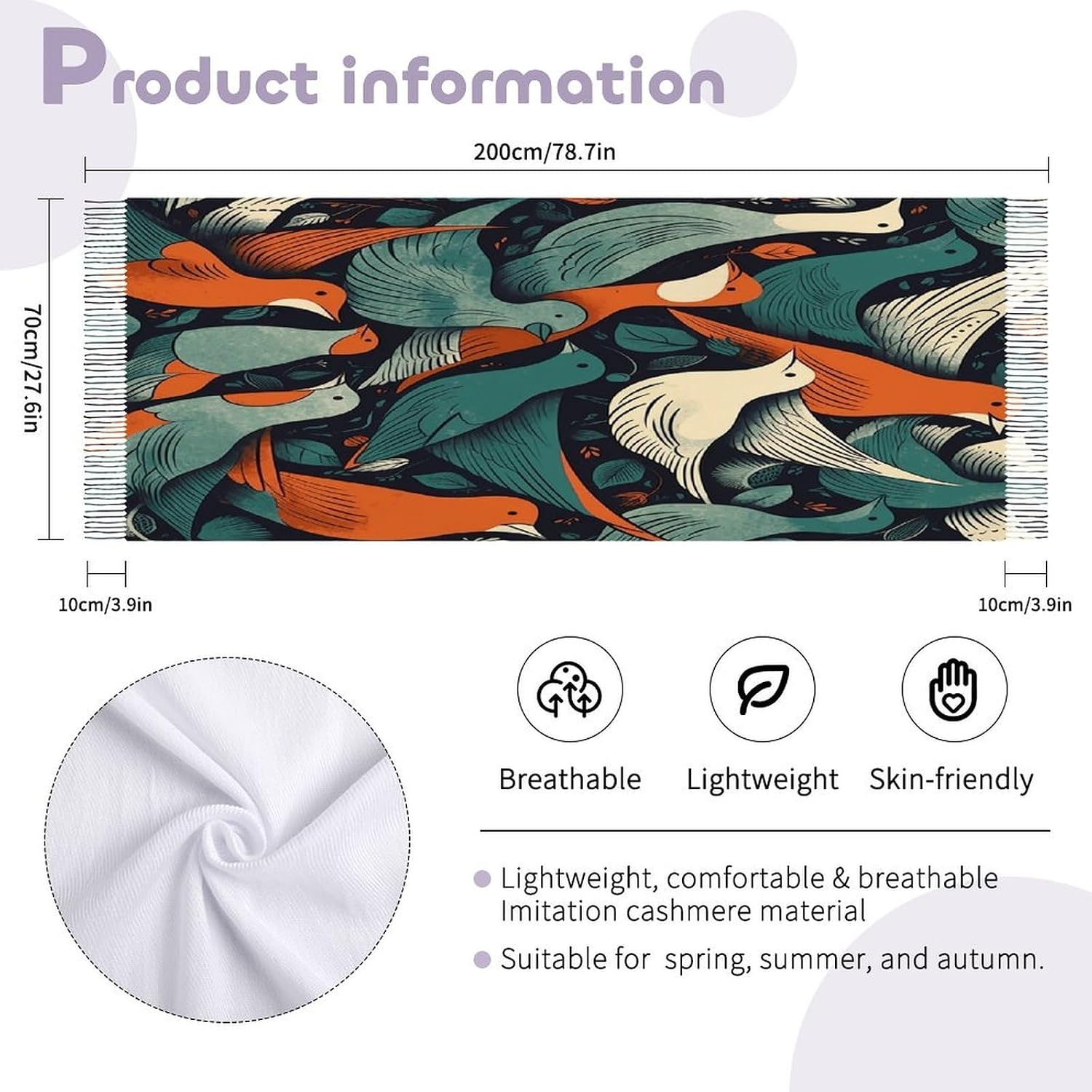 Flock of Birds Scarf for Women Men Soft Warm Fashion Blanket Scarves Classic Cashmere Feel Scarf Long Shawl Large Scarves Cold Weather Thick Blanket Scarfs