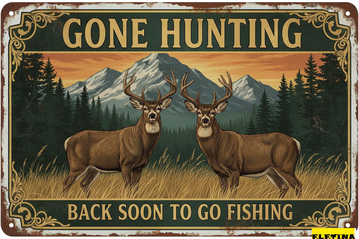 Gone Hunting Back Soon To Fish Tin Sign, 12x8 Inch