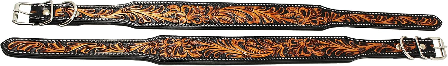 Large 21''- 25'' Heavy Duty Padded Leather Floral Tooled Dog Collar 60FK10
