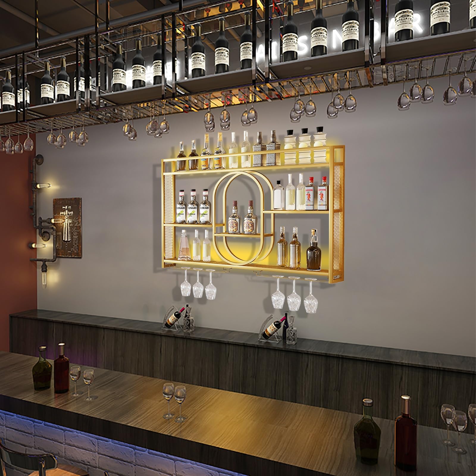 Soporte de pared LED para botellas con estante de cristal, estante de licor para exhibición de vino, estantes de almacenamiento de bar, licor decorativo con iluminación LED para decoración del hogar