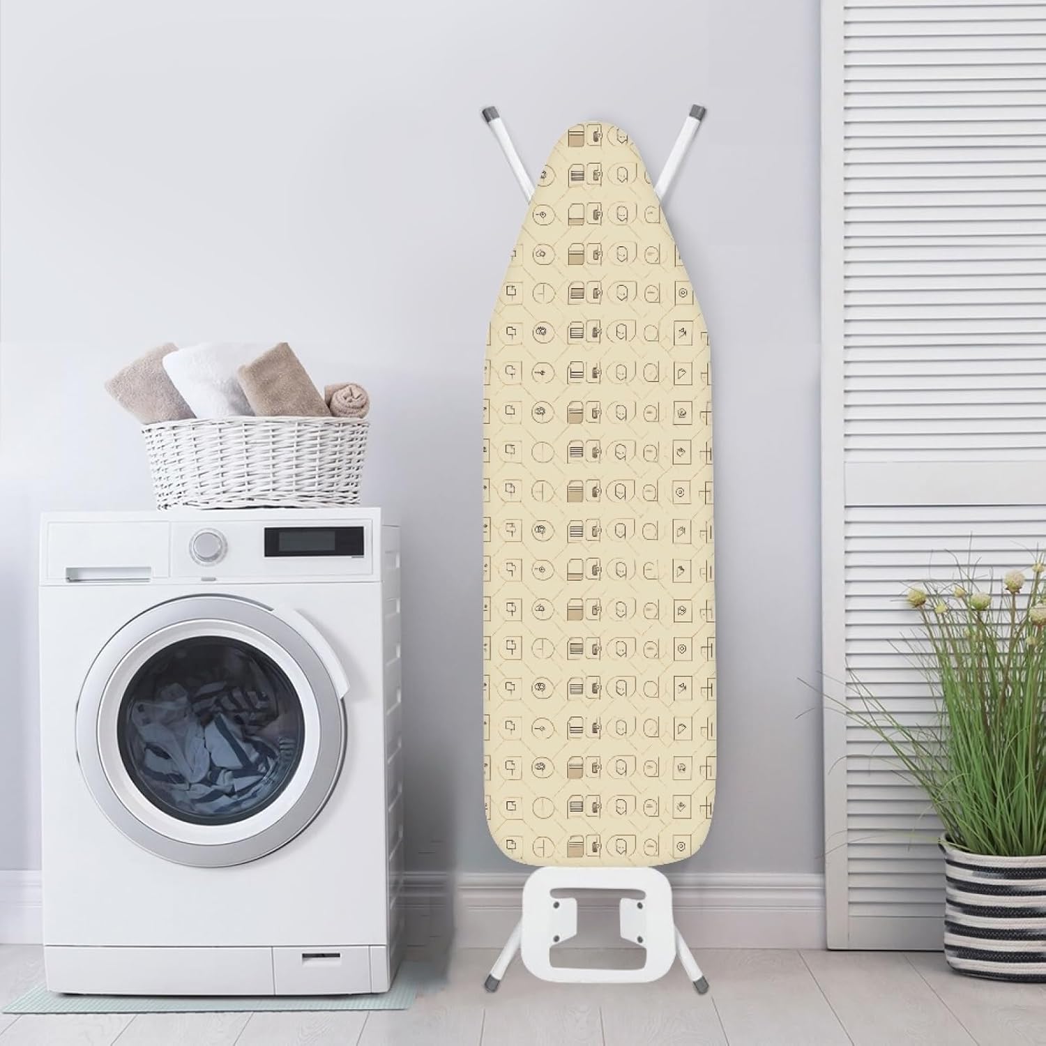 Large Ironing Board Cover and Pad 59x19 Beige Geometric Icons Iron Table Cover with Padding,Extra Wide,Resist Scorching and Staining,Heatproof,Adjustable Fastener Durable Stain
