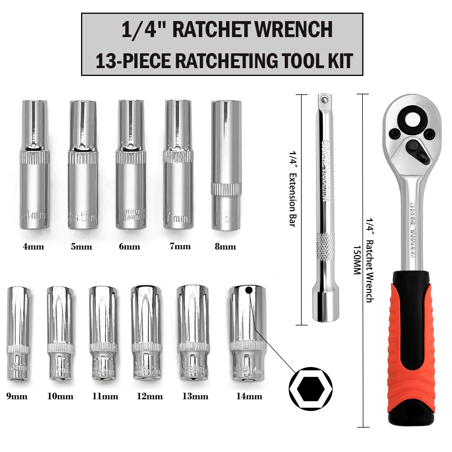 JinPhon 13-Piece Socket Wrench Set, 4 mm - 14 mm, Chrome Vanadium Steel, Ratchet Handle, Extension Bar, Organizer Holder - Image 2