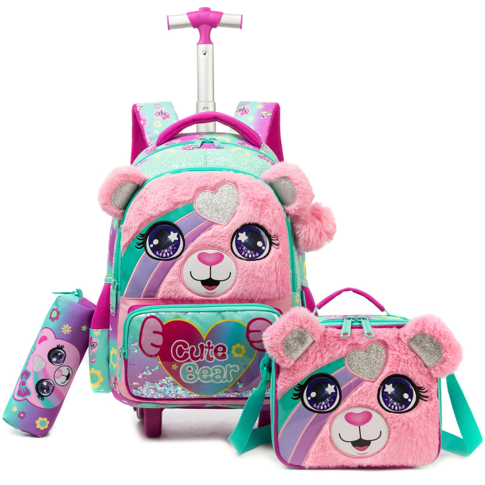 Sac a Dos Roulette Fille Enfant Cartable Cabine Primaire Valise École Maternelle Sacs à D'école pour Voyage de Bagages Ensemble Adolescents Étudian Poches Dégradé de Rose Ours