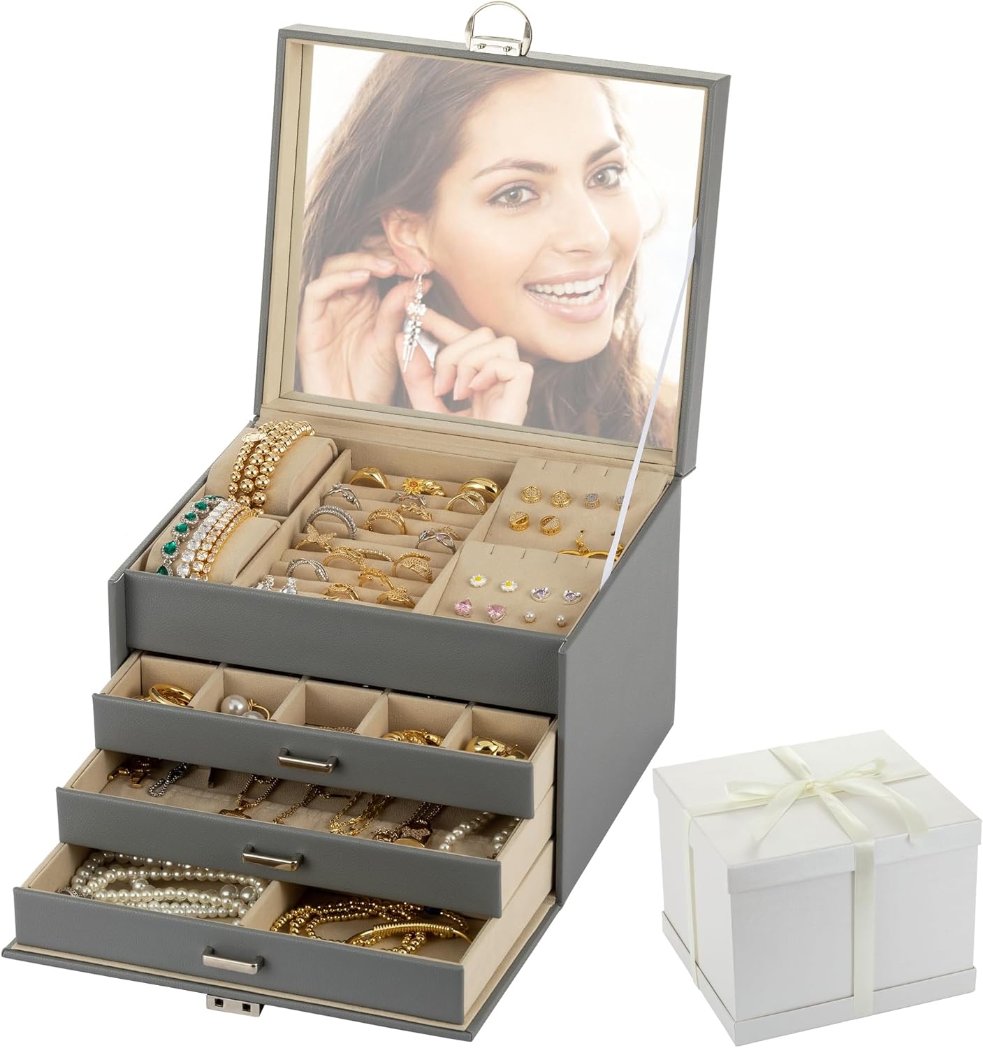 Amazon｜Exgox ジュエリーボックス 大容量 アクセサリーケース 4段式 PUレザー アクセサリー 収納 ジュエリーケース レディース