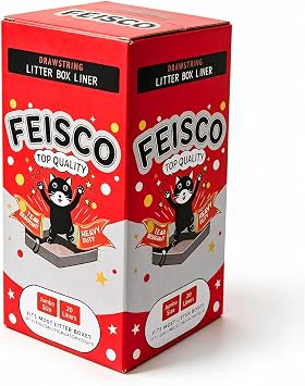 Feisco 20 Counts Drawstring Cat Litter Box Liners,Thick Heavy Duty Cat Litter Pan liners,36" x 18" Jumbo Tear and Leak Resistant Cat Pan Liner