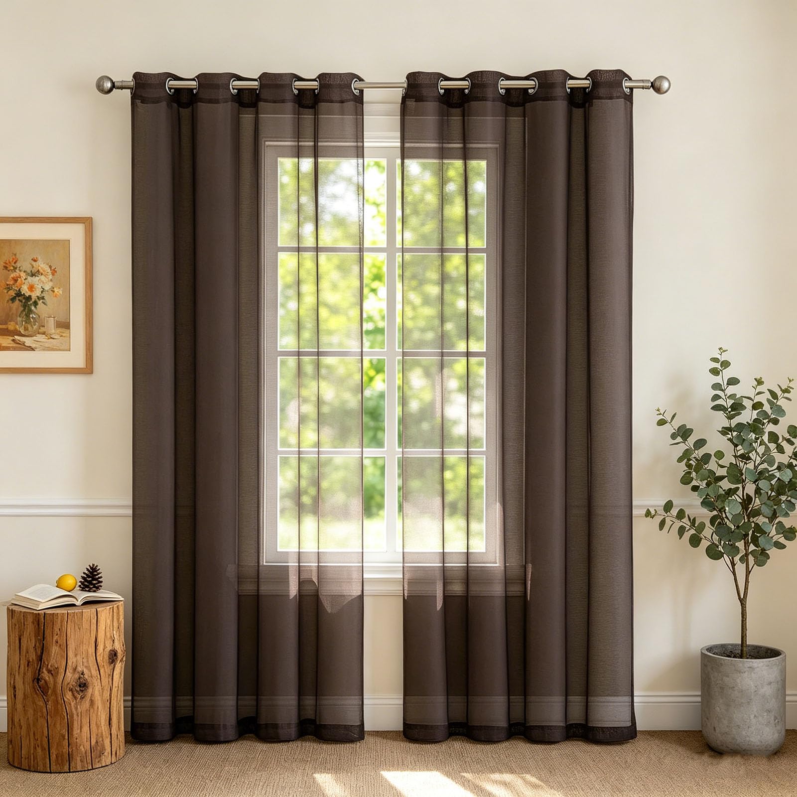 Rideaux voilages marron 270 x 140 cm avec filtration de lumière et oeillets de chambre