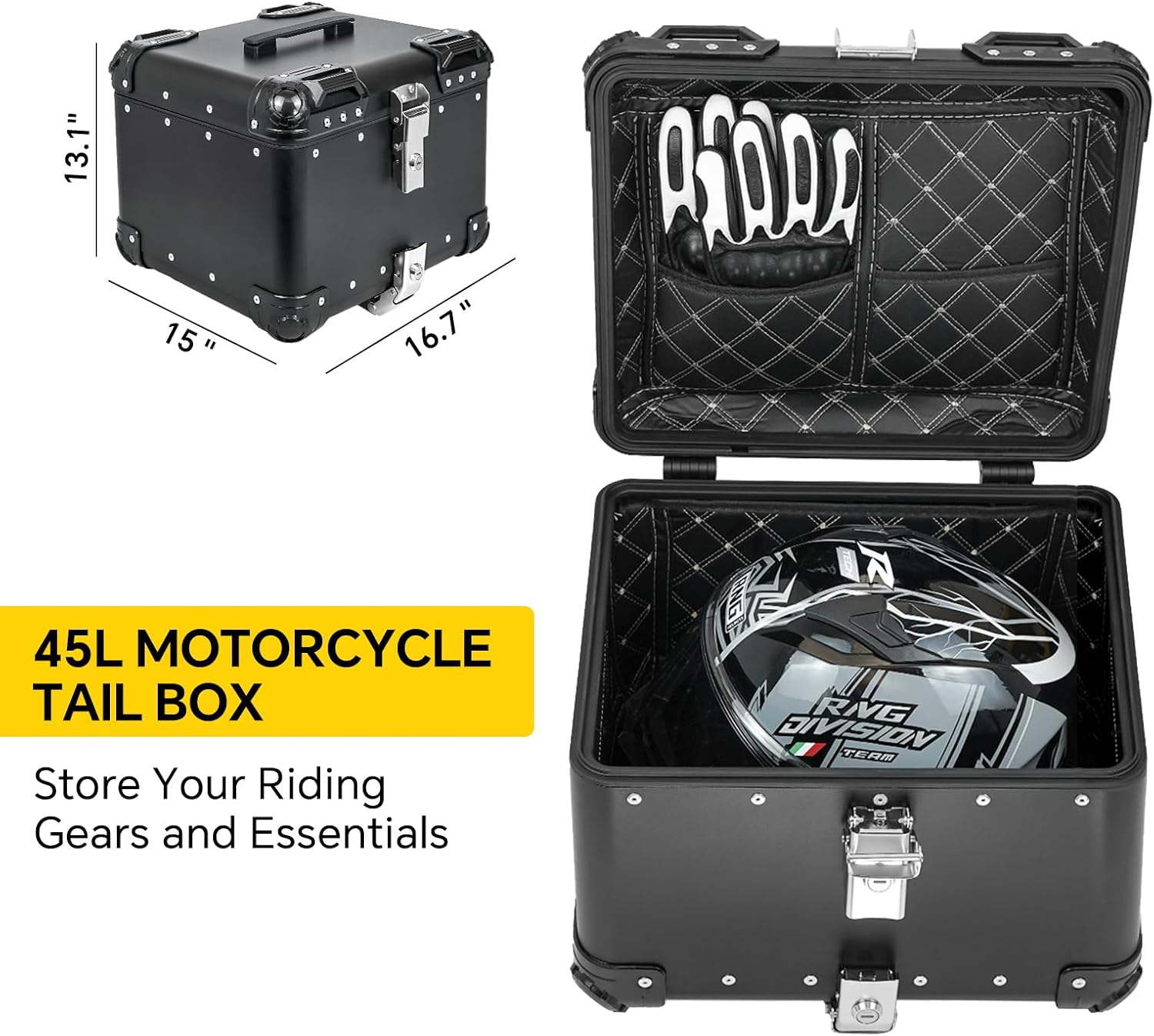 Motorcycle Top Case with Top Handle, 45L Aluminum Tail Box with Security Locks & Universal Bracket Plate, Hard Storage Box for Riding and Commuting (Black, 45L)